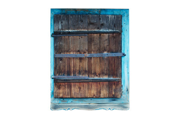 Vintage wooden shutter with blue frame isolated on white background.