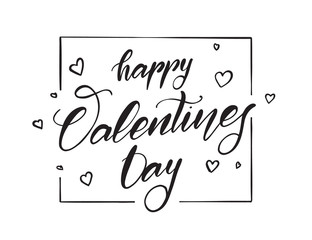 Obraz premium Hand drawn modern brush type lettering of Happy Valentines Day with hearts in frame on white background.