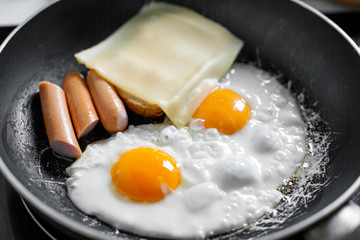 Cooking of the breakfast / eggs. Eggs on the frying pan 