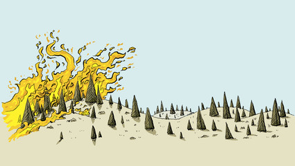 A cartoon of a fierce wildfire spreading over a dry, parched, drought-stricken landscape of evergreen trees on rolling hills.