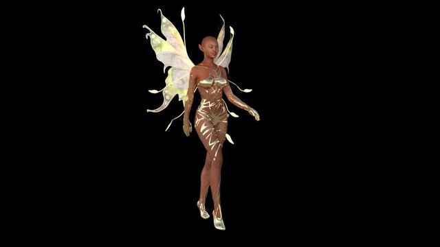 Fashion Beautiful Girl with Fairy Wings is Walking 
