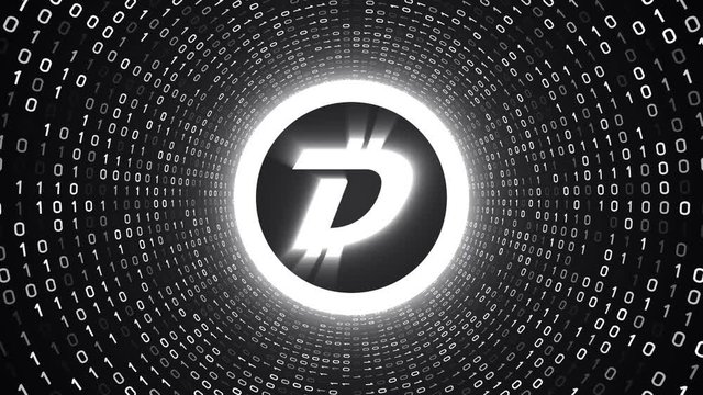 White crypto currency logo "DigiByte" form white binary tunnel on black background. Seamless loop. More logos and color options available in my portfolio.