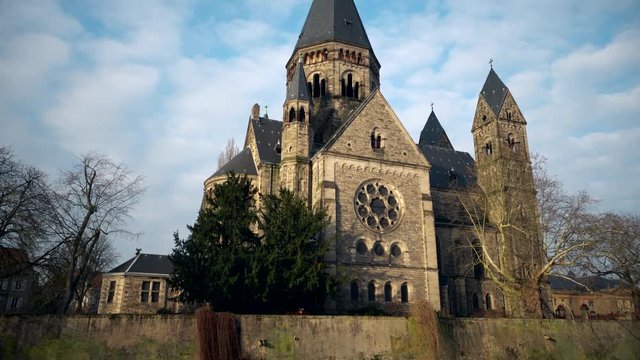Scenic view of the neo-Romanesque Temple Neuf church in Metz, situated on an island in the Moselle river.