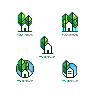House & Tree Icon Set For Eco Green House Logo