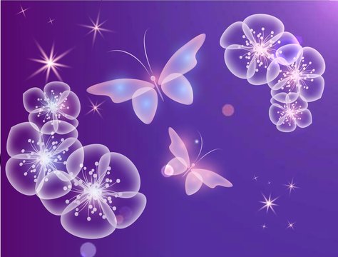 Glowing purple background with magic butterflies and light flowers.Transparent butterflies and glowing blooms.