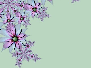 Fractal image, beautiful template for inserting text. In color green, pink and blue...Background with flower..Floral template with place for text...Graphic design for business cards and like.