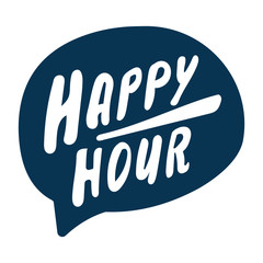 Happy hour. Vector hand drawn speech bubble icon, badge illustration on white background.