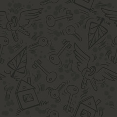 Hand drawn keys, houses and trees. Seamless pattern can be used for wallpaper, pattern fills, web page background, surface textures