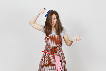 Young fun crazy dizzy loony wild housewife in striped apron with squeegee, pink gloves in pocket...