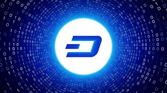 White crypto currency logo "DigiByte" form white binary tunnel on blue background. Seamless loop. More logos and color options available in my portfolio.