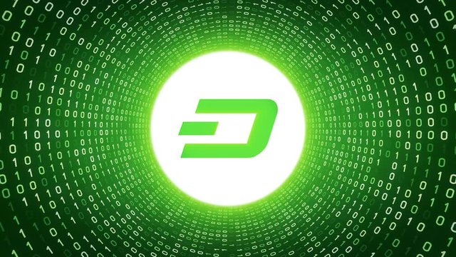 White crypto currency logo "DigiByte" form white binary tunnel on green background. Seamless loop. More logos and color options available in my portfolio.