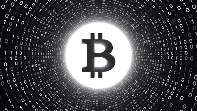 White crypto currency logo "BITCOIN" form white binary tunnel on black background. Seamless loop. More logos and color options available in my portfolio.