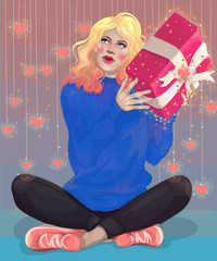 
vector beautiful blonde girl got a magic gift for St. Valentine's Day and thinks about what's inside the box - 190678203