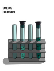 Science chemistry. A set of small flasks with a blue liquid with bubbles stands on a metal stand on a white background eps 10 illustration