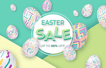Easter background with 3d ornate eggs on green with circle frame. Cute vector easter banner or greeting card