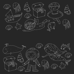Sea and ocean adventure Kindergarten, preschool, school children. Kids aquapark. Underwater. Mermaid, octopus, fishes, whale, shells, jelly fish. Lost treasures. Scuba. Pirate ship. Diving, snorkeling
