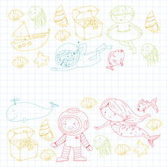 Fototapeta premium Sea and ocean adventure Kindergarten, preschool, school children. Kids aquapark. Underwater. Mermaid, octopus, fishes, whale, shells, jelly fish. Lost treasures. Scuba. Pirate ship. Diving, snorkeling