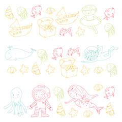 Sea and ocean adventure Kindergarten, preschool, school children. Kids aquapark. Underwater. Mermaid, octopus, fishes, whale, shells, jelly fish. Lost treasures. Scuba. Pirate ship. Diving, snorkeling