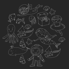 Sea and ocean adventure Kindergarten, preschool, school children. Kids aquapark. Underwater. Mermaid, octopus, fishes, whale, shells, jelly fish. Lost treasures. Scuba. Pirate ship. Diving, snorkeling