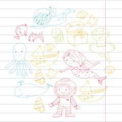 Sea and ocean adventure Kindergarten, preschool, school children. Kids aquapark. Underwater. Mermaid, octopus, fishes, whale, shells, jelly fish. Lost treasures. Scuba. Pirate ship. Diving, snorkeling