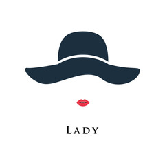 Lady with painted lips in a beautiful hat. Vector illustration.