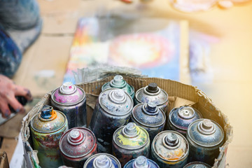 Aerosol paint kit for spray paint art and graffiti, working tools, street art and lifestyle, hobbies and leisure, soft background, space for text