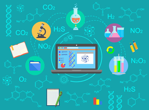 Chemistry. Chemical elements and formulas. Chemical laboratory. Concept. Flat design icons. Vector illustration.