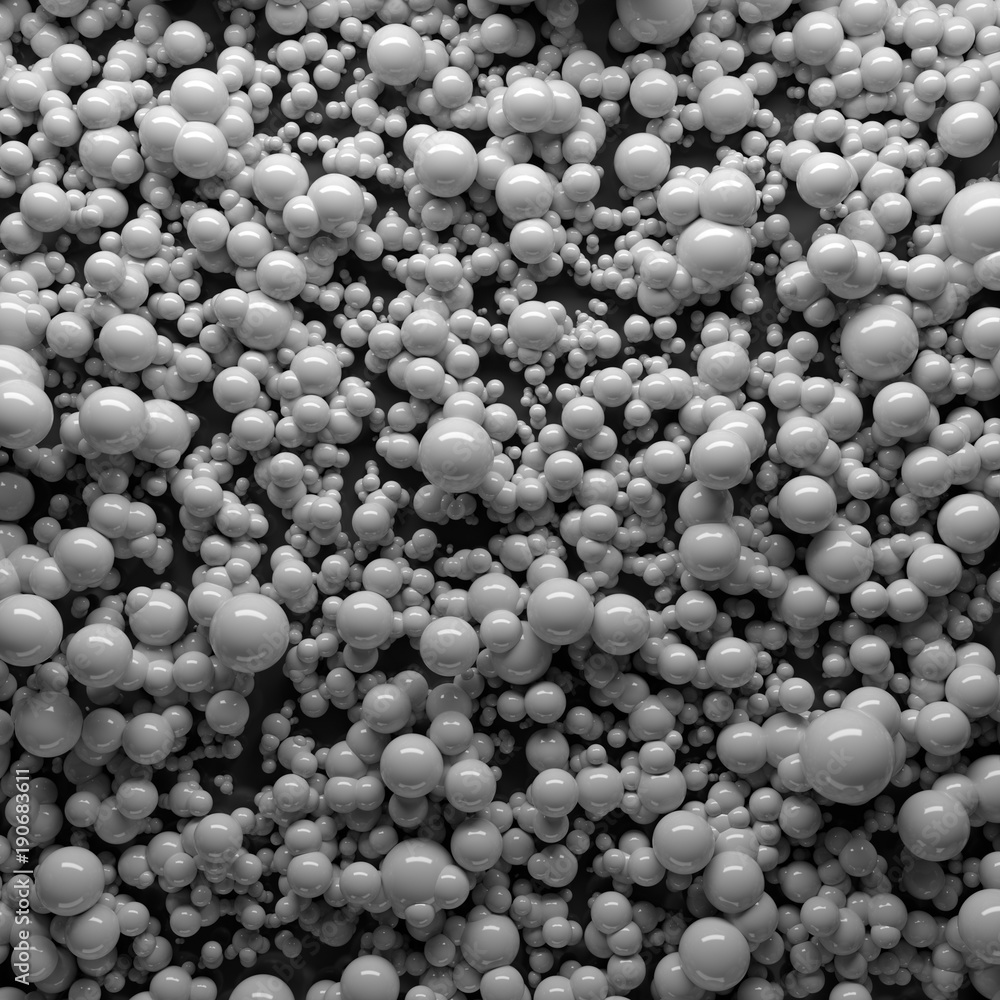 Poster 3d rendered background with a lot of spheres. spheres with random size and height level on a plane.