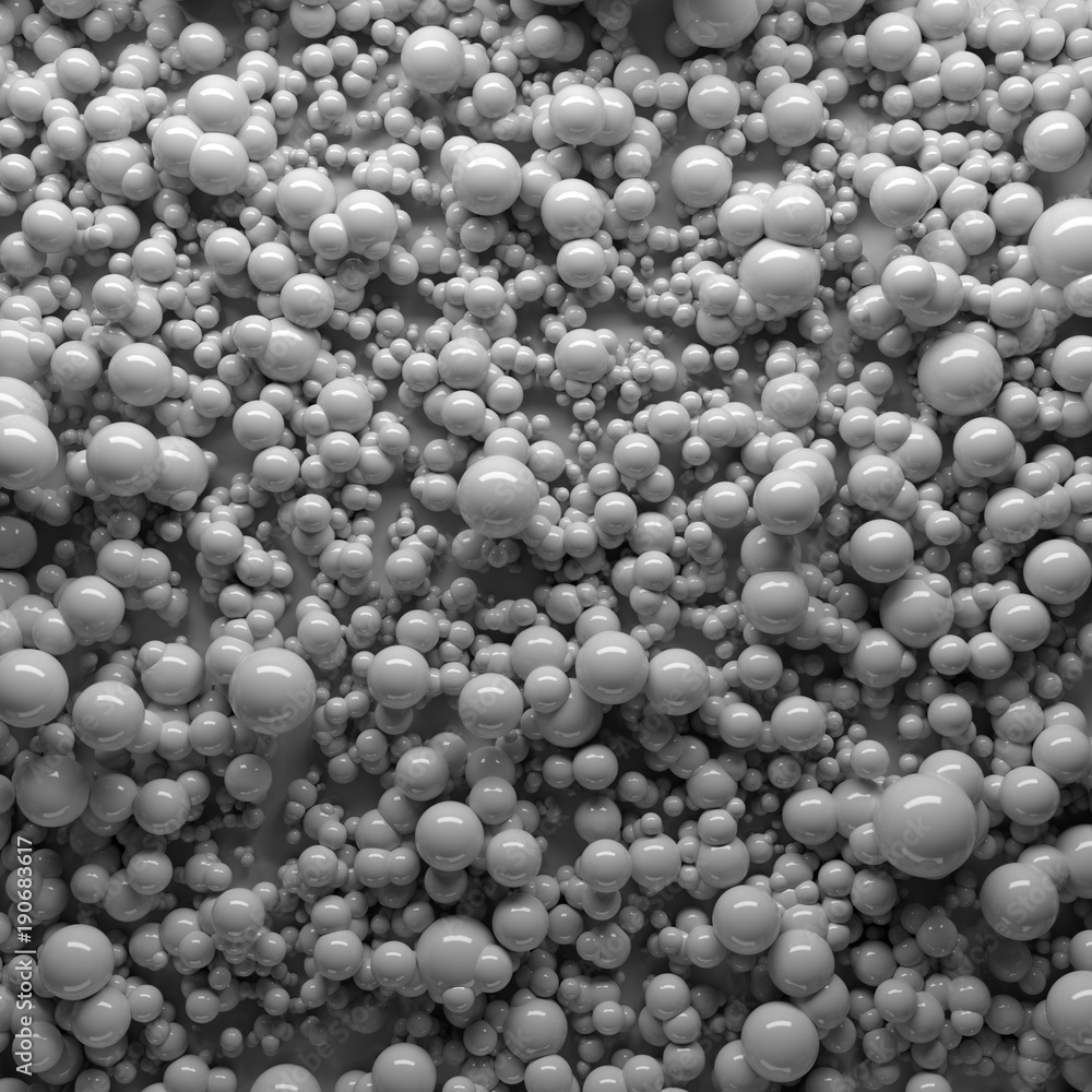 Poster 3d rendered background with a lot of spheres. spheres with random size and height level on a plane.