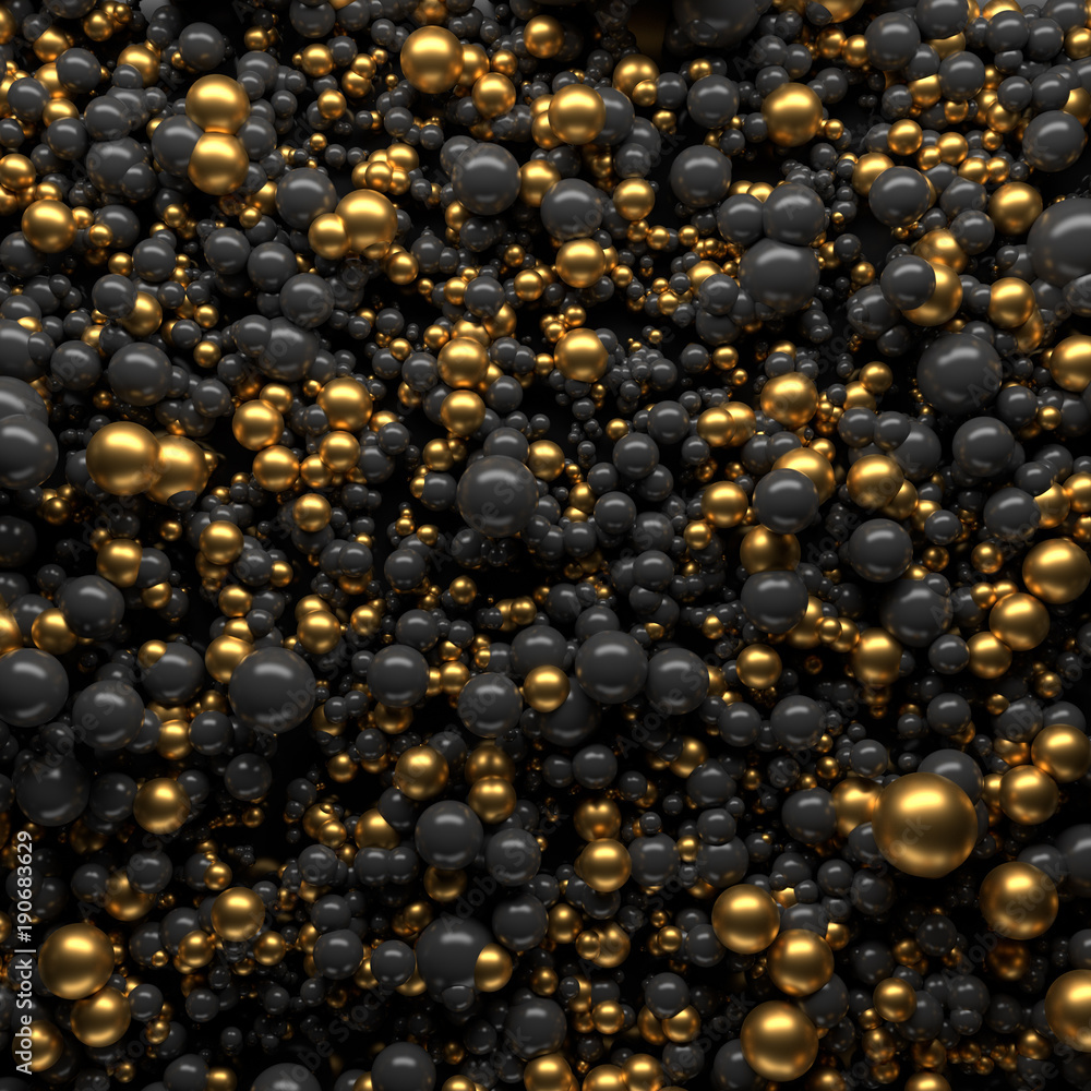 Poster 3d rendered background with a lot of spheres. spheres with random size and height level on a plane.