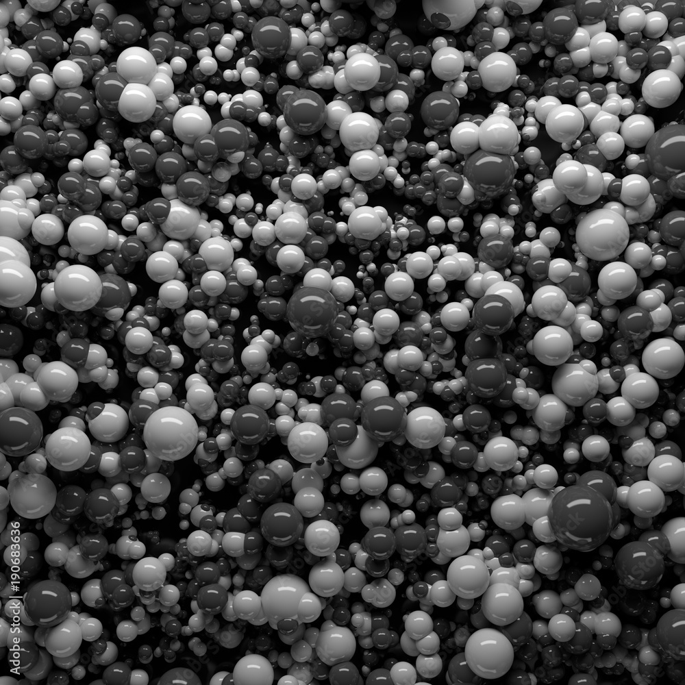 Poster 3d rendered background with a lot of spheres. spheres with random size and height level on a plane.