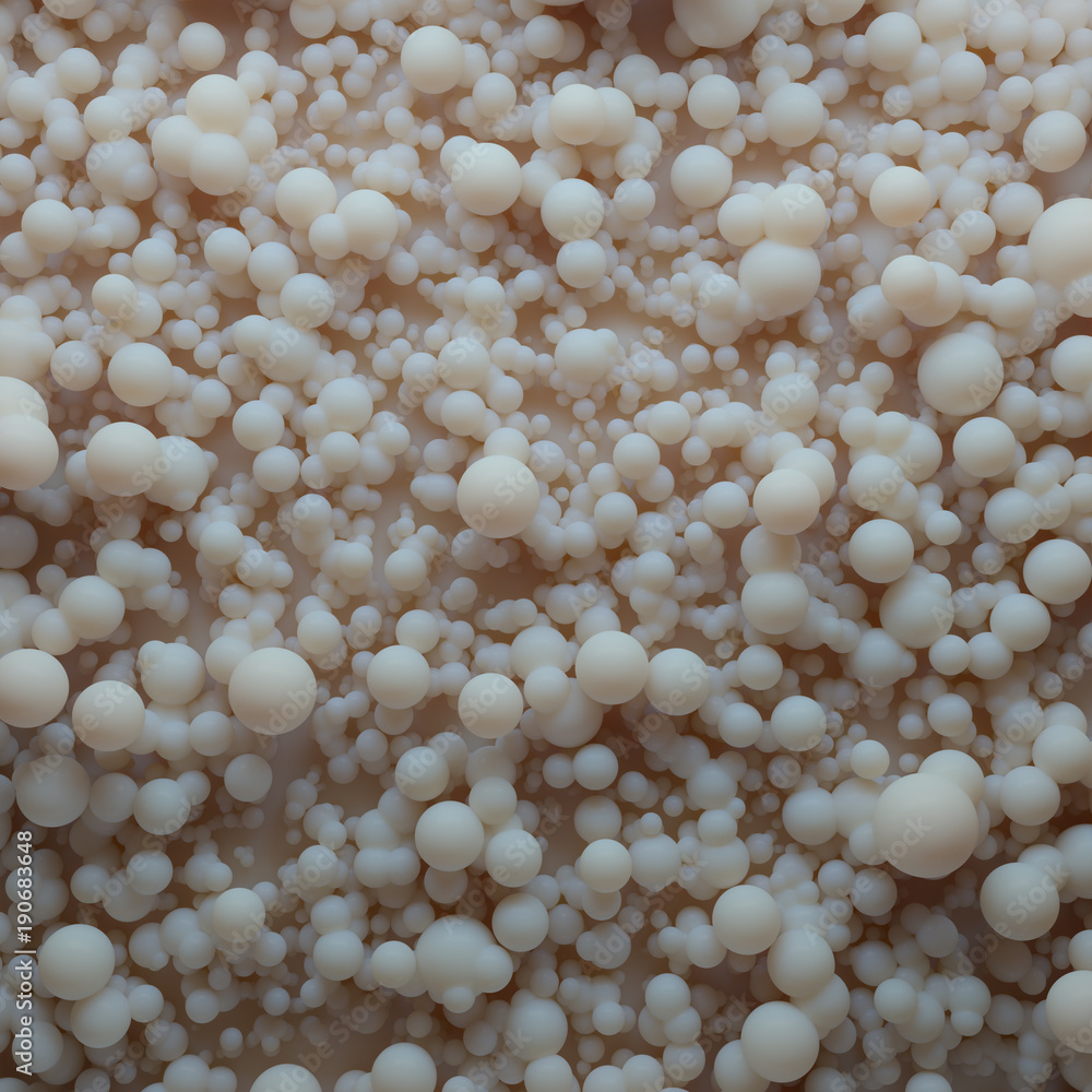 Poster 3d rendered background with a lot of spheres. spheres with random size and height level on a plane.