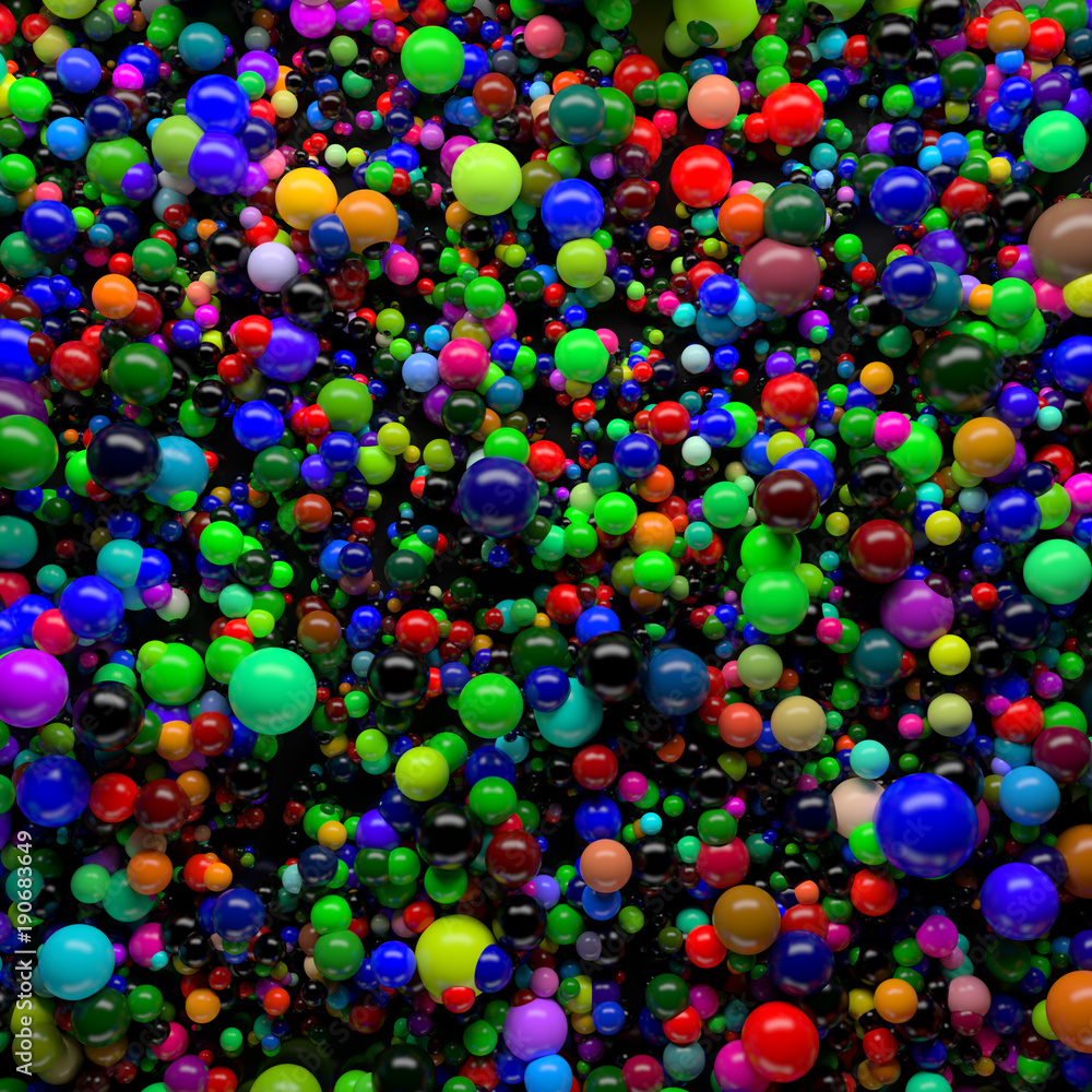 Poster 3d rendered background with a lot of spheres. spheres with random size and height level on a plane.