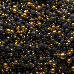 3d rendered background with a lot of spheres. Spheres with random size and height level on a plane.