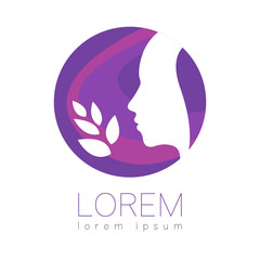 Modern vector Human silhouette in circle logotype isolated on white background. Violet and blue colors. Man head and leaves. Health symbol. Concept design for web, clinic, school, education. Creative