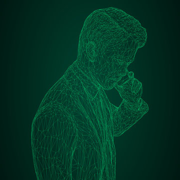 Male Businessman In A Standing And Talking On The Phone. Illustration Of Three-dimensional Polygons-triangles Are Depicted With Glowing Green Lines On A Black And Green Background.