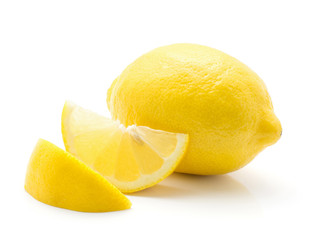 One yellow lemon and two slices isolated on white background.