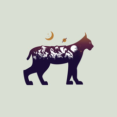 lynx and mountain landscape double exposure