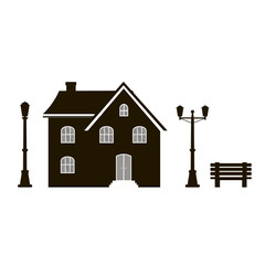 Modern icon silhouette with cozy home, house, cottage, banch and street lite. Smart building, black and white color.  Flat design urban landscape