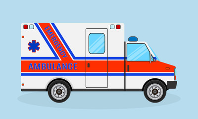 Ambulance car. Emergency medical service vehicle side view. Medicine clinic transportation.