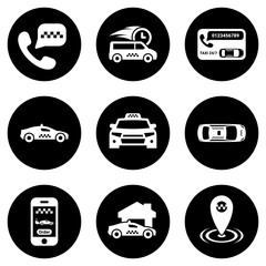 Set of white icons isolated against a black background, on a theme Taxi