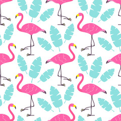 Cute cartoon pink flamingos and blue tropical leaves isolated on white background. Vector seamless pattern can be used for posters, banners, t-shirt print, party invitaions, wrapping