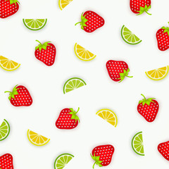 Colorful pattern of lemons, strawberry and lime. Abstract image of fruit. Top view of citrus and berries. Summer food concept. Vector illustration