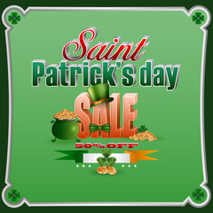 Fototapeta premium Holiday design, background with 3d texts, clover, green hat and gold coins in a cauldron for St. Patrick's day, sales, commercial event; Vector illustration