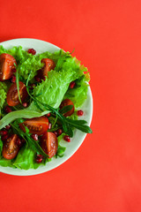  Salad on a white plate on a red background. Cherry tomatoes, arugula and pomegranate seeds on fresh lettuce leaves. Place for text. Flat lay