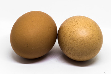 Two fresh chicken eggs with brown shell on white background