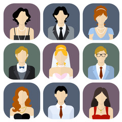 Different people in bridal and formal wear icons set in flat style.
