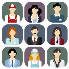 Different people, work team icons set in flat style.