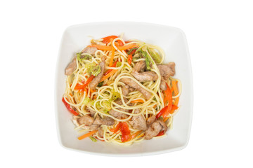 Asian egg noodles with pork. Isolated on white background