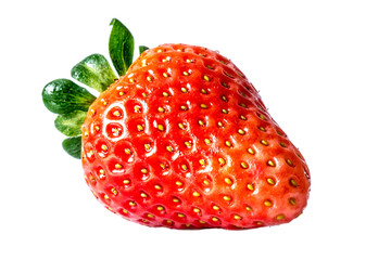 Strawberry with leaves close-up macro isolated on white background